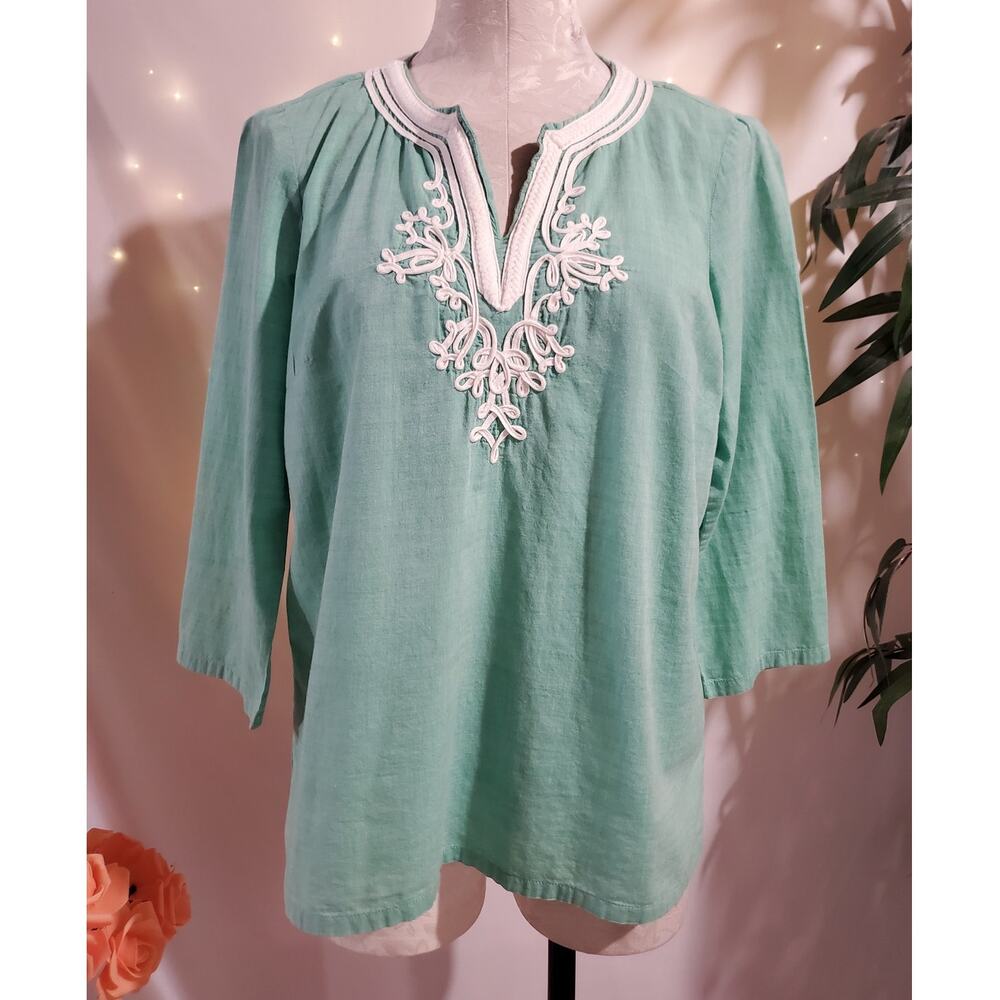 Talbots Womens Embroidered 100% Cotton Peasant Top Size MP Green Boho Hippie
